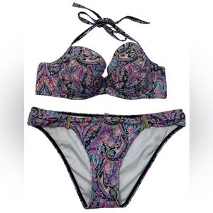 Victoria's Secret Pink and Blue Halter Bikini Set Size 34D